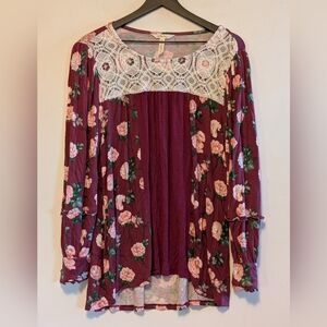 Matilda Jane Floral Lace Yoke Tunic Top Large Burgundy Rose Boho Babydoll Girly